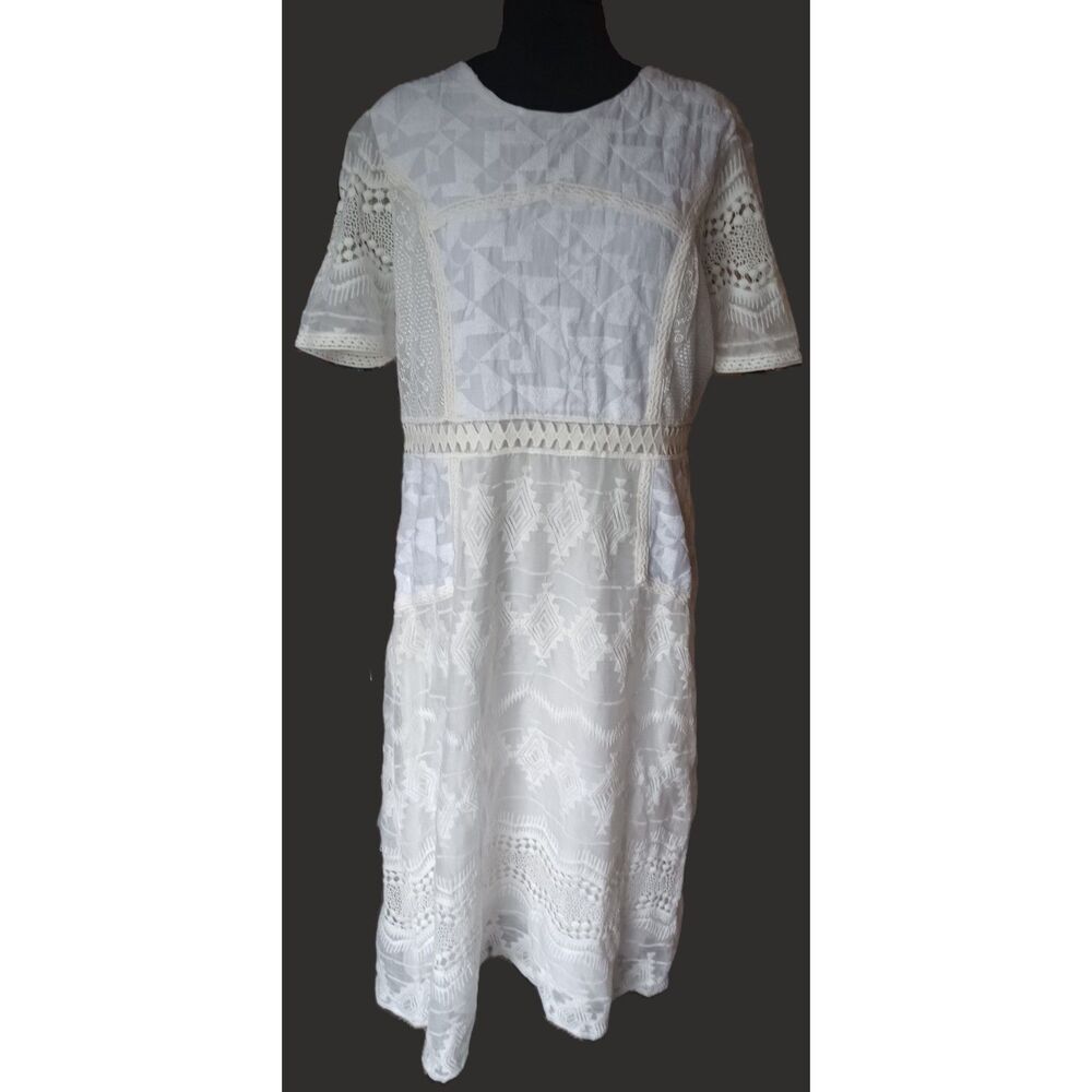 Eri + Ali Anthropology Women's 14 Ivory Lacy Short Sleeve Midi Dress, NWOT